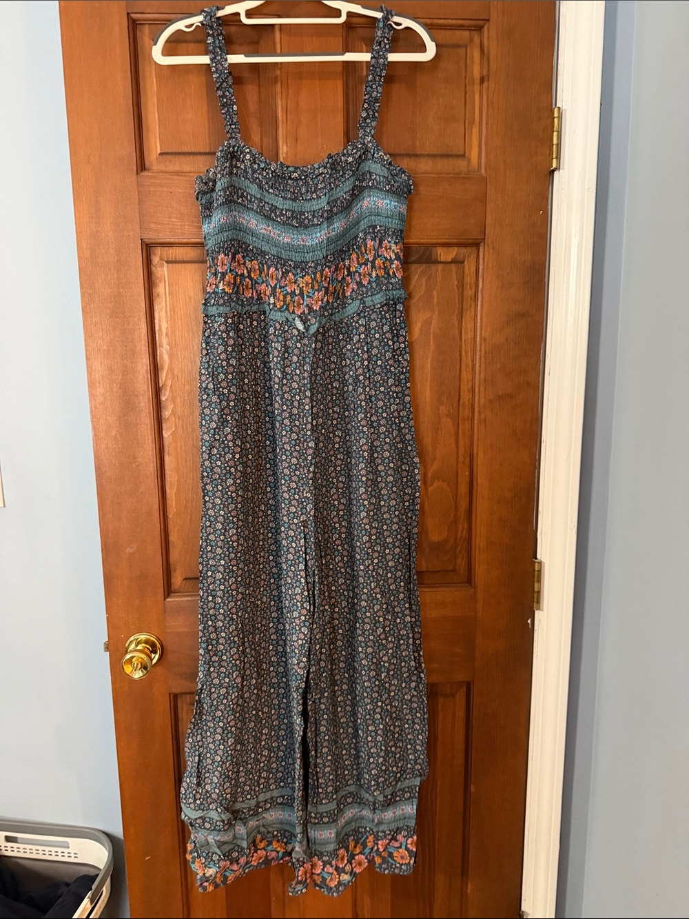 DAVI & DANI Teal and Navy Floral Smocked Jumpsuit